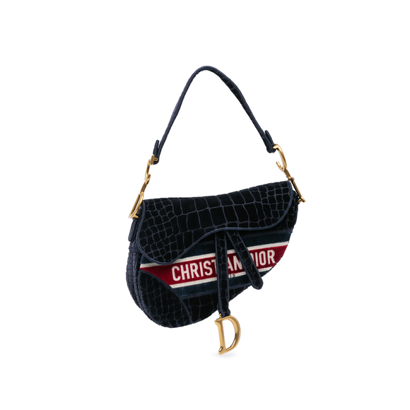 Pre-Loved Dior Velvet Embroidered Crocodile Effect Saddle Bag - Picture 1 of 9